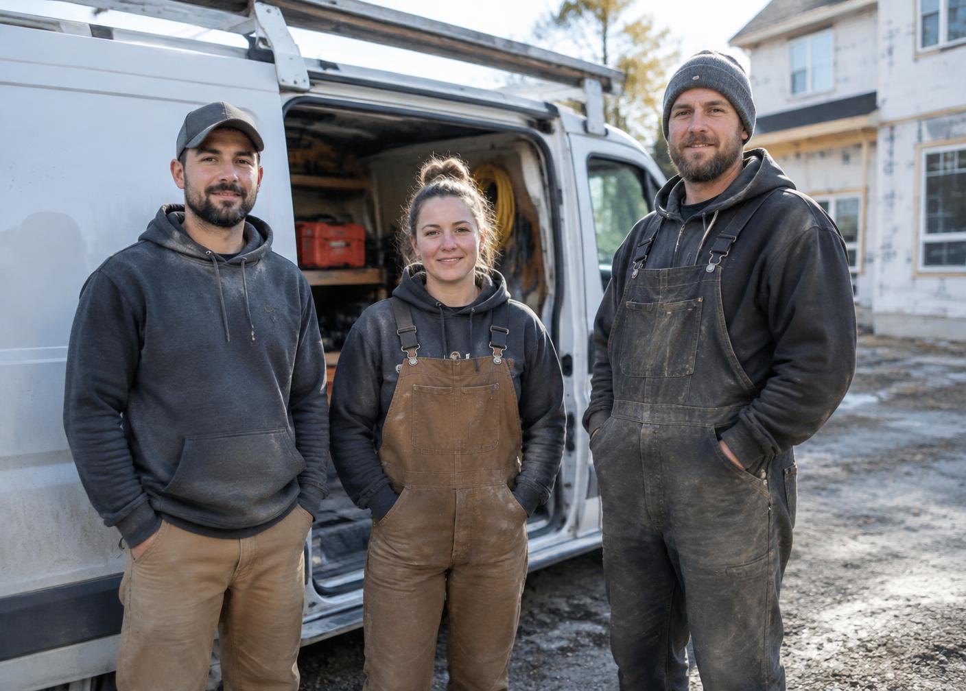 A small trade crew standing next to their work van